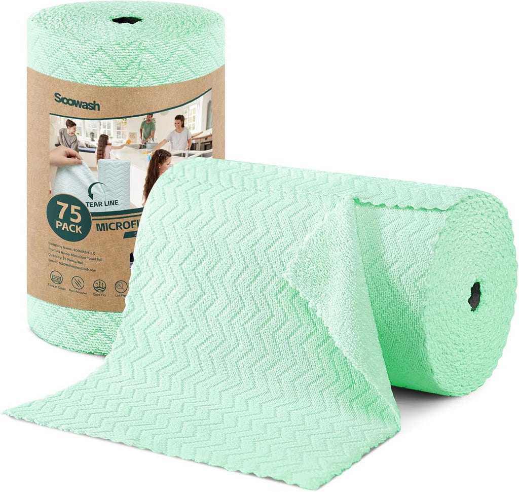 Microfiber Cleaning Cloths Roll, 75 Pack Tear Away Microfiber Towels Roll, 12" x 12" Lint Free Rags, Reusable Cleaning Cloths, Washable, Scratch Free,Ultra Absorbent Dish Rags(Green Ripple)