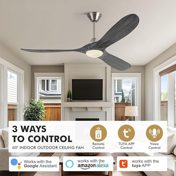 60 Inch Smart Outdoor Ceiling Fans with Light Alexa/Tuya App/Remote Control, Modern Gray Wood DC Ceiling Fan with Dimmable Led Light, Damp-rated Exterior Ceiling Fan for Patios Gazebo Bedroom Office