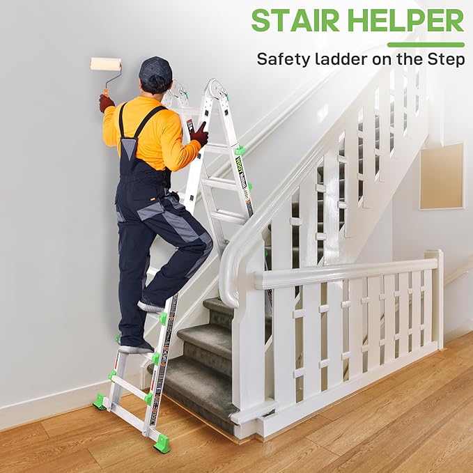 Ladder, Extension Ladders for Home Stairs 14 Ft, 4 Step Multi Position A Frame Ladder with Stabilizer Bar, Compact Folding, 330 lbs Telescopic Aluminum Adjustable Ladders, Escaleras para Casa