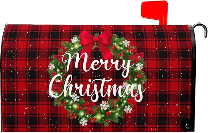 Kawani Merry Christmas Mailbox Cover - Magnetic Standard Size 21x18 Inch Winter Christmas Wreath Red Black Buffalo Plaid Xmas Holiday Wrap for Garden Yard Decor