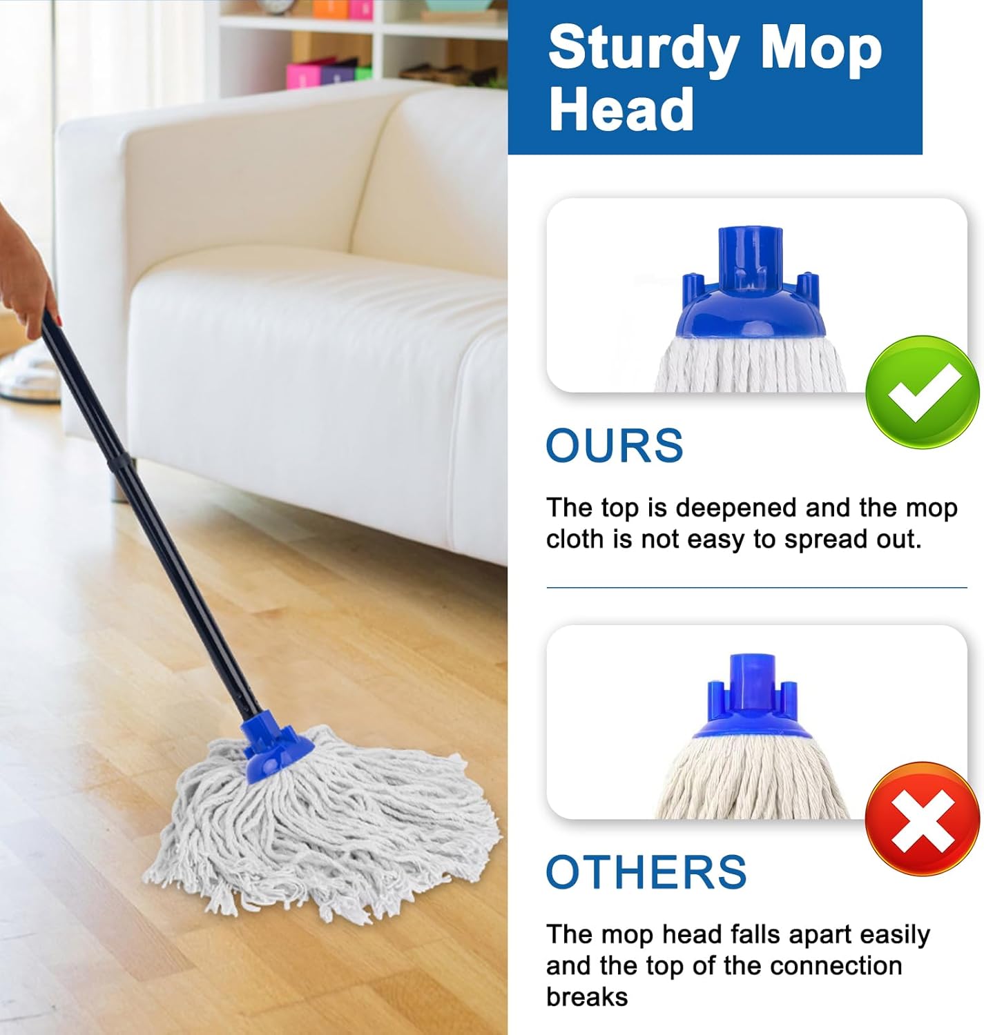 KeFanta Mop for Floor Cleaning,2 Pcs Cotton String Wet Mops Replacement Head Refill Compatible with Microfiber Cloth Mop & 0.8" Diameter Mops Handle(1 Handle & 2 Heads)