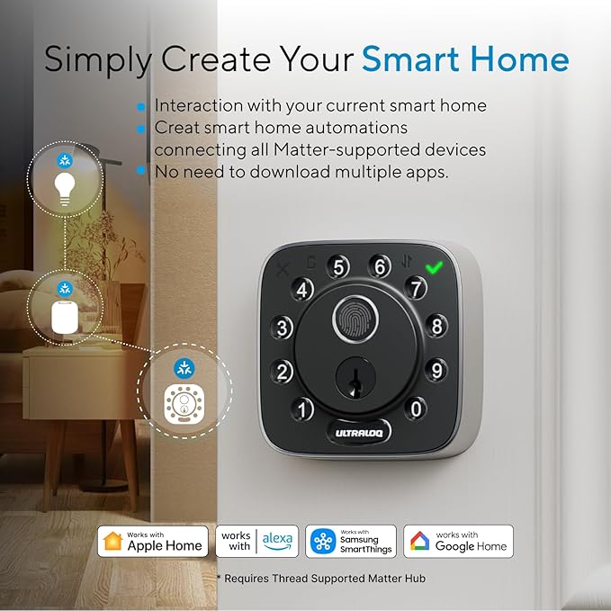 ULTRALOQ Bolt Fingerprint Smart Lock with Matter Over Thread, Works with Apple Home, Alexa, Google, SmartThings, Auto Lock Deadbolt, App Control, BHMA Certified, Easy Install, 1Year Battery