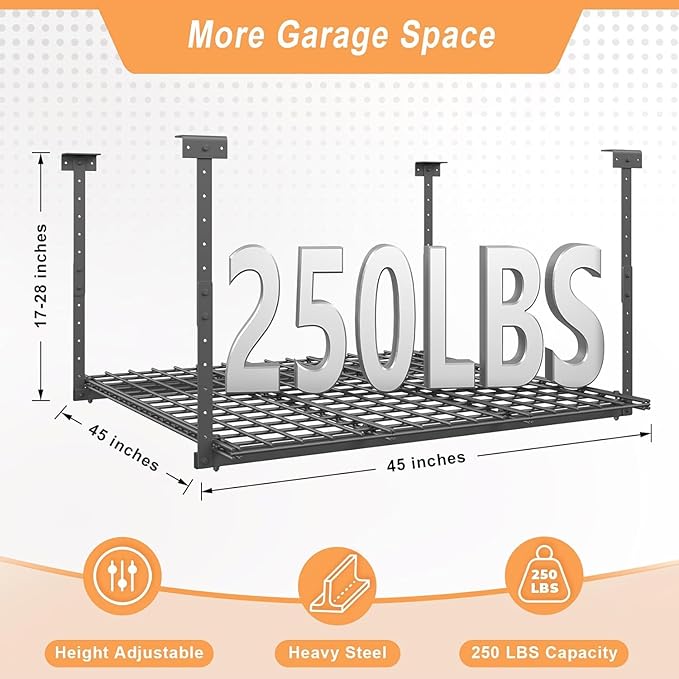 45-Inch x 45-Inch Overhead Garage Storage Rack, 17"-28" Height Adjustable Garage Ceiling Storage Racks, Heavy Duty Storage Organizer System, 250LBS Weight Capacity, Black
