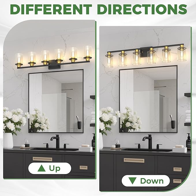 DORESshop Bathroom Light Fixtures, 6-Light Gold and Black Bathroom Lighting Fixtures Over Mirror with Clear Glass Shade, Vanity Lights for Hallway Living Room Bedroom