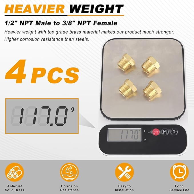 KOOTANS 4pcs Heavy Duty 1/2 NPT Male Thread to 3/8 NPT Female Thread Brass Reducer Hex Bushing Brass Fitting Pipe Hose Tube Adapter Convert