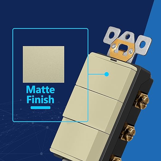 LIDER Minimalist Design Matte Finish Lighted Triple Switch, Combination Frameless Decorator Switch with Locator Light, Ground Terminal, Single Pole, 15A 120-277V, UL Listed, LCS3-1P-I, Ivory