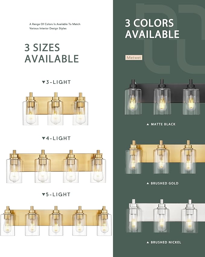 5-Light Bathroom Light Fixtures, 30 Inch Brushed Gold Vanity Light with Cylinder Clear Glass Shade, Modern Vanity Lighting Fixtures Over Mirror, VL143-BG-5