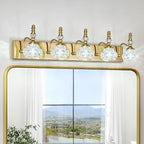 Modern Glass Crystal Vanity Light - Vintage Bathroom Lighting Fixtures Over Mirror, 5 Light Vanity Lights G9 Bulb (35.43 Inch, Gold)