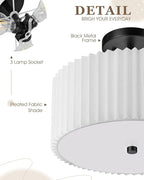Semi Flush Mount Ceiling Light, 3-Light 12.5" Matte Black Ceiling Light Fixture with White Pleated Fabric Shade, Drum Lamp for Nursery Hallway Bedroom Kitchen, AD-25036-3SF-BK
