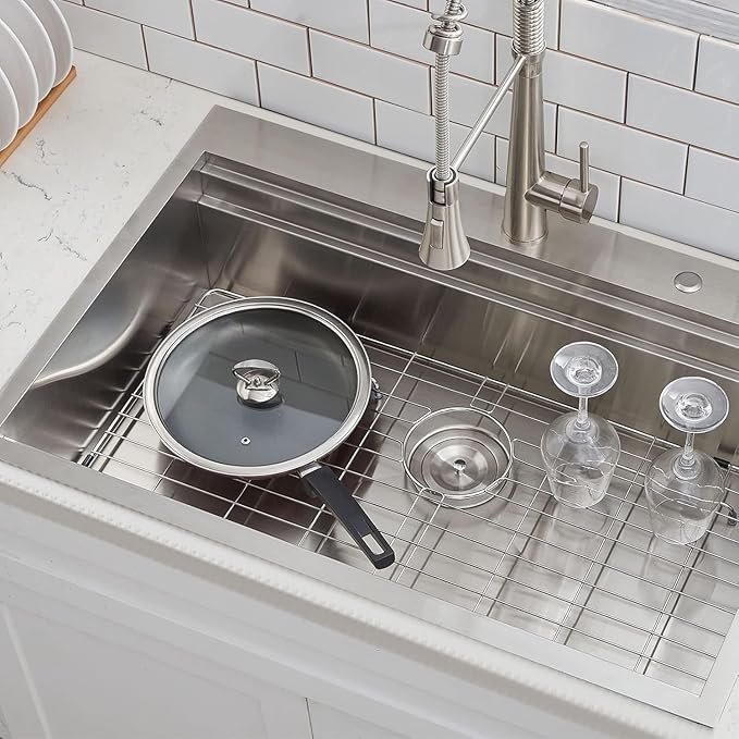 SHACO 33x22 Inch Drop In Kitchen Sink, 33 Inch All In One SUS304 Stainless Steel Top Mount Single Bowl Overmount Double Ledges Workstation Sink with Accessories, Brushed Nickel