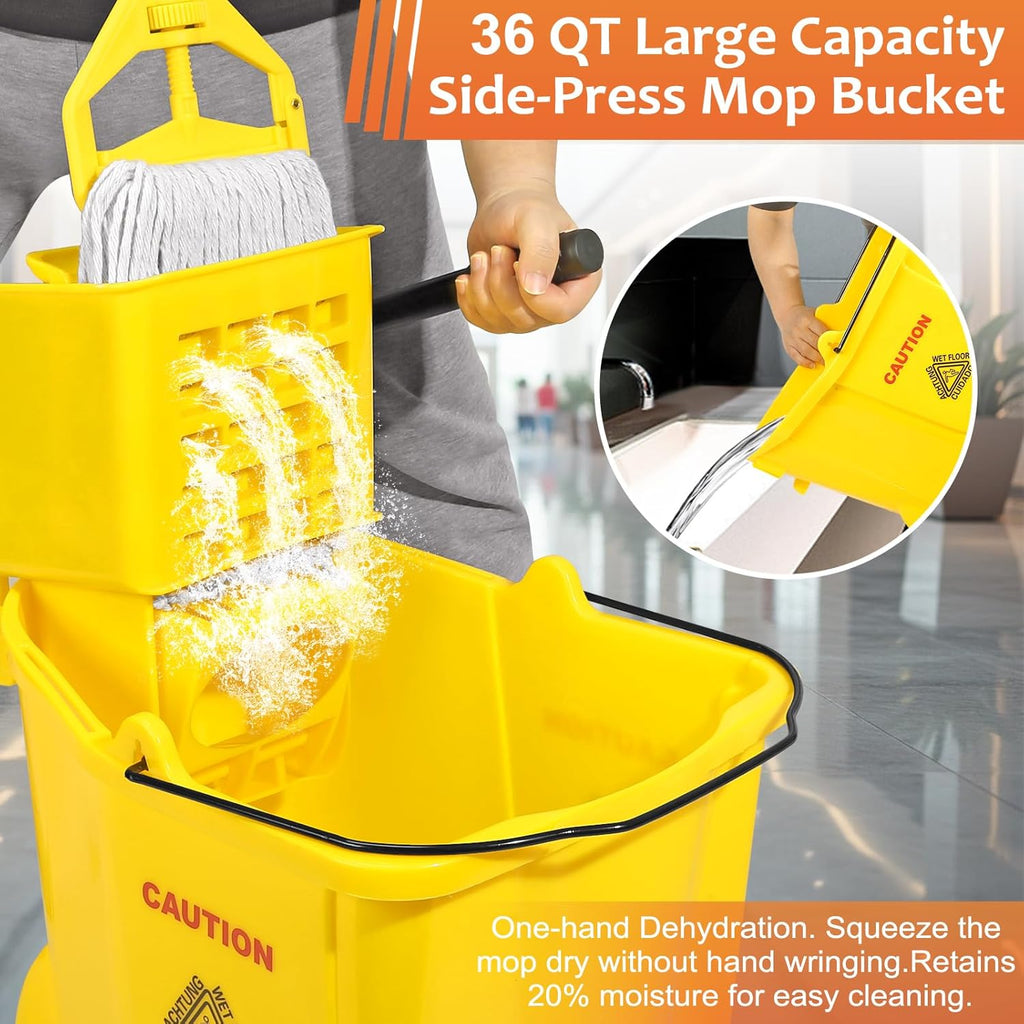 38 Qt Commercial Mop Bucket with Side Press Wringer on Wheels,Yellow Industrial Mops and Bucket Set for Floor Cleaning,Including 1 Industrial Mop and Wet Floor Caution Sign,Beyoco