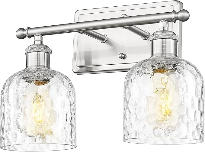 zeyu 14 Inch Modern Vanity Lighting Fixtures, 2 Light Bathroom Vanity Light for Mirror Bedroom, Brushed Nickel Finish with Clear Hammered Glass, ZJF63B-2W BN