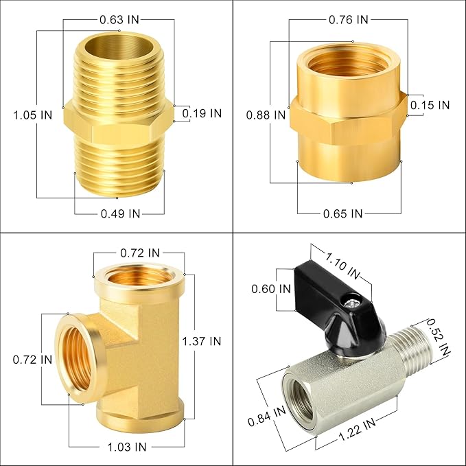 GASHER 8PCS 1/4 Inch NPT Brass Pipe Fitting, Female and Male Thread Mini Ball Valve, Barstock Tee Brass Pipe Fitting and Air Hose Fitings