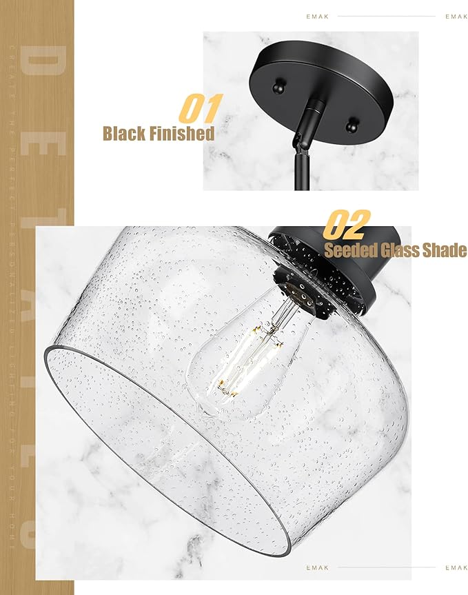 Emak 10 Inch Large Pendant Light, Black Pendant Lights Kitchen Island with Seeded Glass Shade, Modern Farmhouse Island Lights for Kitchen, Dining Room, Entrance, PL126-BK-SG