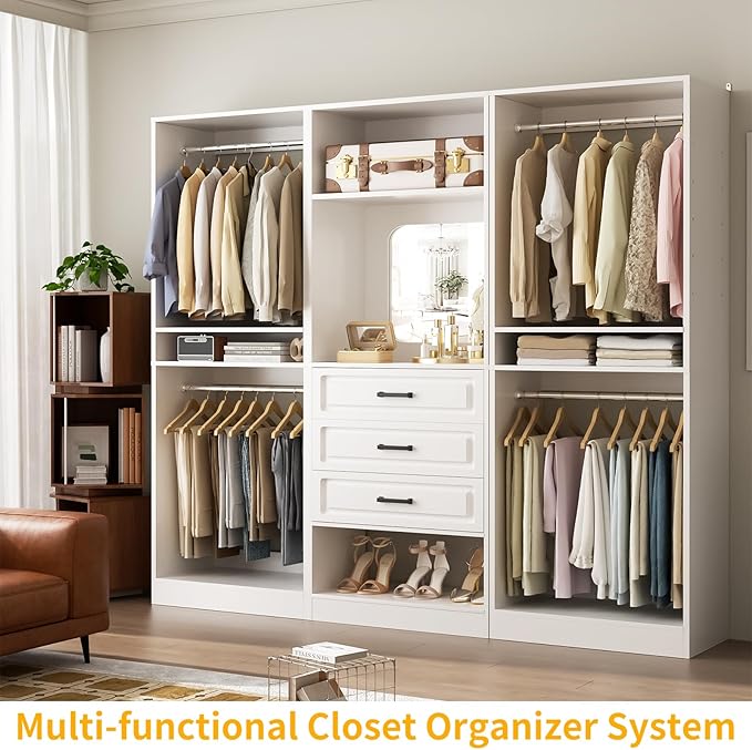 Unikito 75" Modular Closet Organizer System with Mirror & Drawers, 3-in-1 Freestanding Wardrobe Tower with Adjustable Shelves & Hanging Rods, Heavy-Duty Bedroom Storage for Walk-in Closets, White