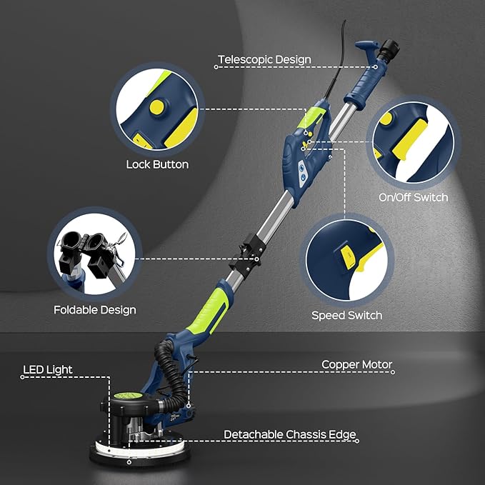 Drywall Sander, 2025 Upgraded 8-Amp Popcorn Ceiling Removal Tool with 7 Variable Speed 800-1800RPM, Drywall Sander with Vacuum Dust Collector with Extendable Handle, LED Light,12pcs Sanding Discs,Blue