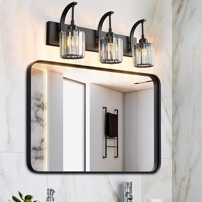 3-Light Crystal Vanity Light, Modern Black Bathroom Wall Sconce with K9 Crystal Shades, 23.62" Long Over Mirror Lighting for Vanity, Makeup, Hallway, Elegant & Durable