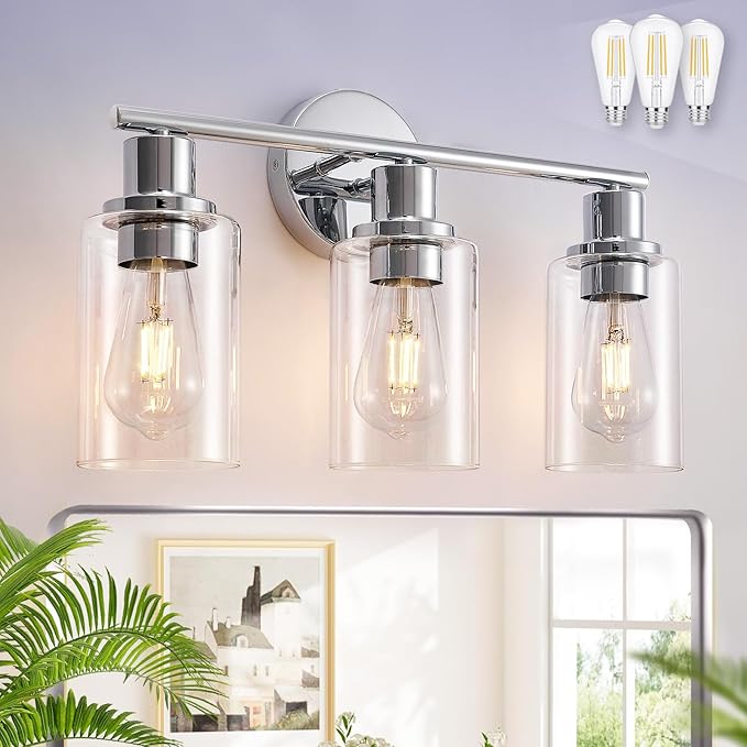 DLLT 3-Light Bathroom Light Fixtures: Chrome Modern Vanity Lights with 3 E26 Bulbs - Clear Glass Shade Bathroom Wall Lamp for Mirror Kitchen Living Room Hallway Cabinet Porch