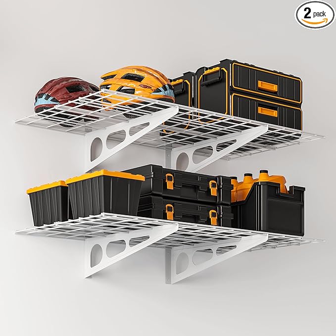 2x4 ft Garage Shelving, 2-Pack Wall-Mounted Shelves for Garage, Kitchen, Pantry Storage, 400 lbs Total Load Capacity Wall Shelving, White