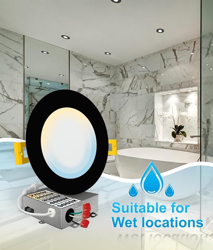 NUWATT 6 Pack, 6 Inch Ultra Thin Black LED Recessed Lighting, 5CCT 2700K/3000K/3500K/4000K/5000K Selectable, High Brightness 1050 Lumens, Dimmable Canless Slim Wafer Light, IC Rated, Metal J-Box, ETL