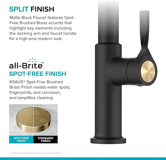 KRAUS Torak Pull Down Kitchen Faucet in Spot-Free Brushed Brass/Matte Black with 2 Function Sprayer, Pre-Attached Water Lines, and Mounting Hardware, KPF-2840SFBBMB