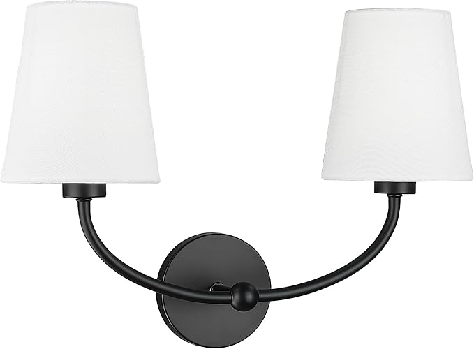 Emak Black Wall Sconces, 2-Light Bathroom Vanity Light Fixtures, Modern 19 Inch Bathroom Light Fixtures with White Fabric Shade for Bathroom, Living Room, Hallway, Bedroom, Stairway, VL116-BK-2