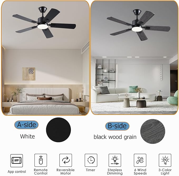 42 inch Modern Ceiling Fans with Lights APP/Remote Control, Low Profile Reversible 6 Speeds Ceiling Fan Light for Indoor/Outdoor Patio Bedroom Living Room,Black