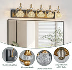 Modern Glass Crystal Vanity Light - Vintage Bathroom Lighting Fixtures Over Mirror, 5 Light Vanity Lights G9 Bulb (35.43 Inch, Black Gold)