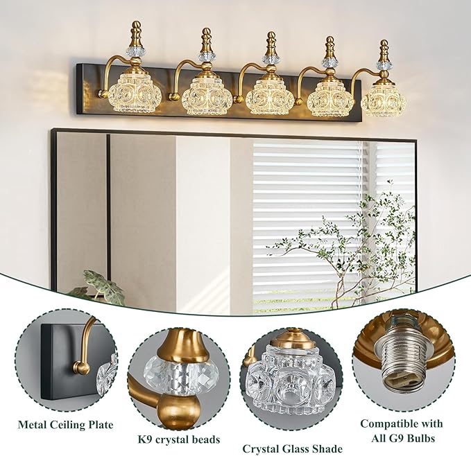 Modern Glass Crystal Vanity Light - Vintage Bathroom Lighting Fixtures Over Mirror, 5 Light Vanity Lights G9 Bulb (35.43 Inch, Black Gold)
