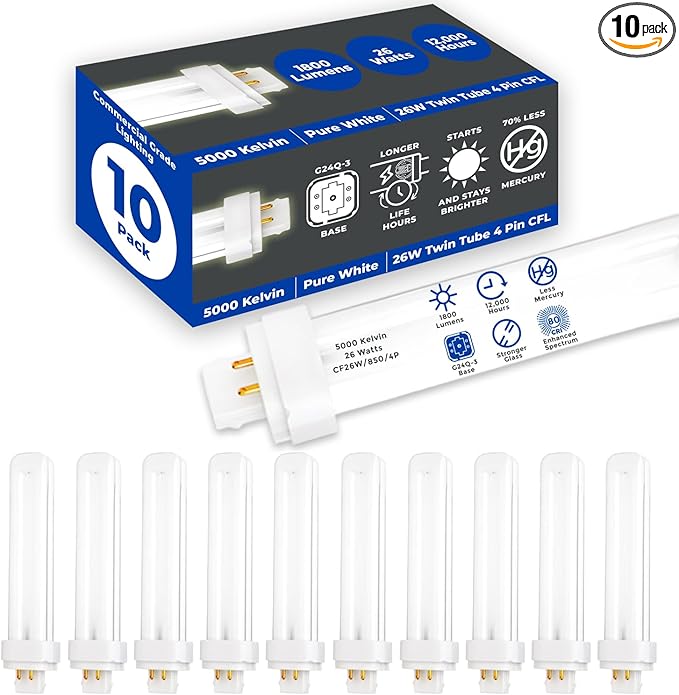 GoodBulb 26 Watt CFL Light Bulbs 4 Pin G24Q-3 Base 5000K Daylight 26W High Output 1800 Lumens Double Tube Compact Fluorescent Light Bulbs Plug-in 10 Pack
