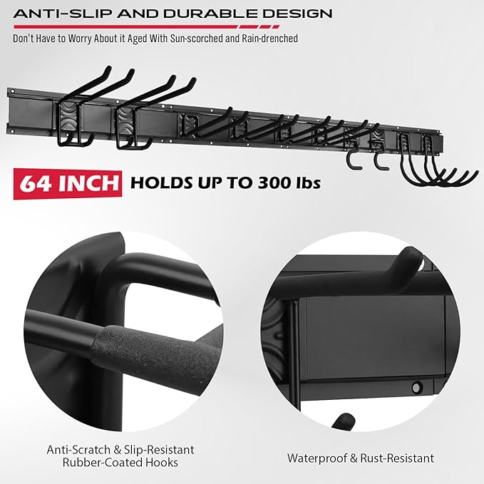 64" Heavy Duty Garage Storage Tool Organizer Wall Mount - Tool Rack with Adjustable Hooks, Anti-Rust, 300lbs Capacity - Easy Installation (4 Racks, 10 Hooks, 3 Straps)