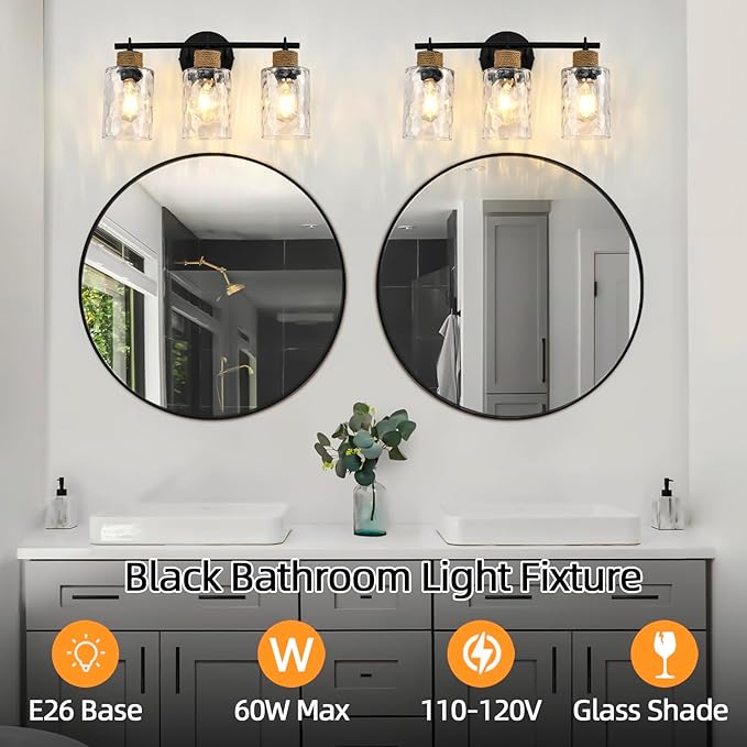 3-Light Bathroom Light Fixtures, Coastal Vanity Lights with Crystal Glass Shade, Black Bathroom Wall Lamp for Mirror Kitchen Hallway Bedroom