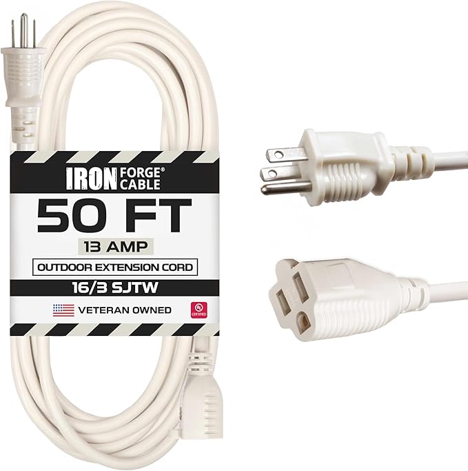 Iron Forge Cable Weatherproof 50 Ft Outdoor Extension Cord - 16/3 SJTW Heavy Duty Beige Extension Cord 3 Prong - 13 Amp Exterior Power Cable