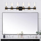 MELUCEE 6 Lights Bathroom Lighting Fixtures Over Mirror, Farmhouse Vanity Lights Matte Black Finish with Ribbed Clear Glass Shade, Metal Wall Mount Light for Bath Kitchen Living Room, E12 Base