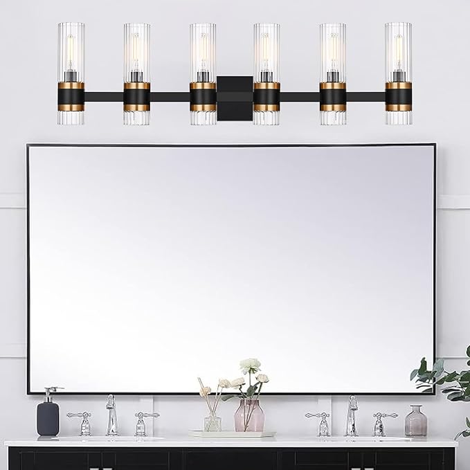 MELUCEE 6 Lights Bathroom Lighting Fixtures Over Mirror, Farmhouse Vanity Lights Matte Black Finish with Ribbed Clear Glass Shade, Metal Wall Mount Light for Bath Kitchen Living Room, E12 Base