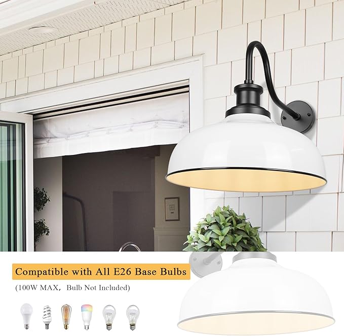 Outdoor Gooseneck Barn Light,16 Inch Dome Outdoor Wall Sconce Farmhouse Exterior Wall Mount Light Vintage Wall Lighting Fixture Industrial Wall Lantern for Porch, Entryway, Garage, RZ007L WH