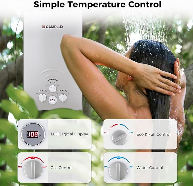 CAMPLUX Portable Tankless Water Heater, 2.11GPM, 55,000 BTU Propane, BW211G, Grey