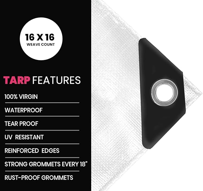 PROTARP Extreme Heavy Duty 22 Mil Tarp Cover, Waterproof, UV Resistant, Rip and Tear Proof, Poly Tarpaulin with Reinforced Edges for Roof, Camping, Patio, Pool, Boat. (White 24′ X 24′)