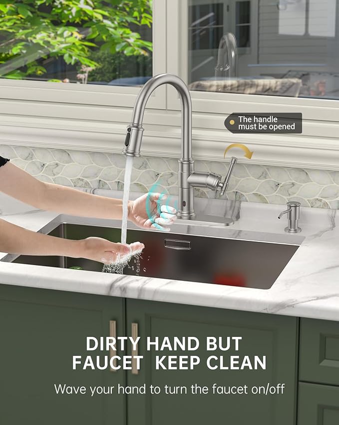 Touchless Kitchen Sink Faucet with Soap Dispenser Brushed Nickel, DAYONE Smart Motion Sensor Hands Free Faucet Kitchen with 3-Function Sprayer for Single/ 3-Hole Sink, DAY136TL-BN