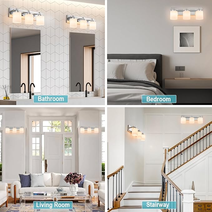 3 Light Modern Bathroom Light Fixtures Over Mirror, Chrome Vanity Lights for Bathroom Wall Sconces with Milky White Glass Shades, E26 Socket (Bulbs Not Included)