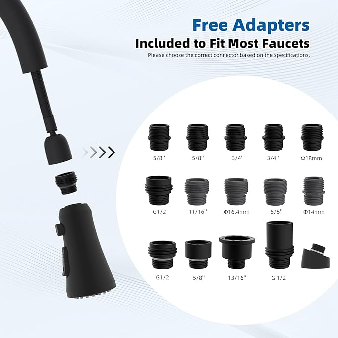 Hibbent Pull Down Spray Head for Kitchen Faucet, 3-Function Spray Nozzle with 15 Adapters, Straight Sink Faucet Head Replacement Compatible with Moen, Delta, Kohler, American Standard, Matte Black