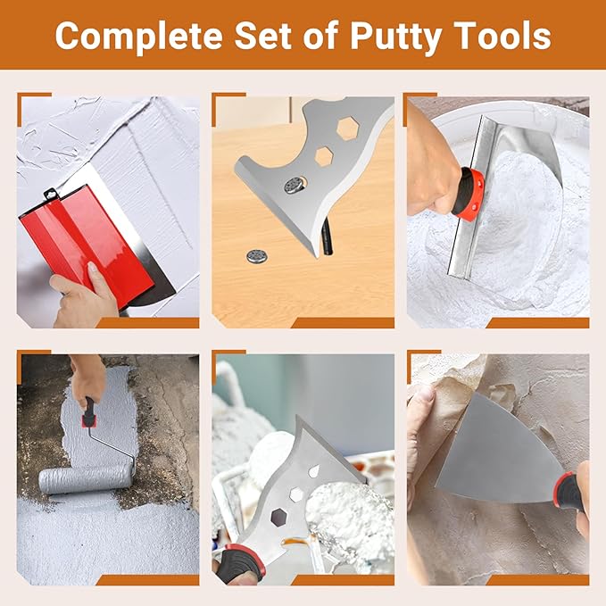 DEKEones Drywall Skimming Tools Set with 10”24”32” Skimming Blades, a Paint Roller, a Extension Pole and 3 Kinds of Putty Knife Tools for Smoothing Wall and Ceiling