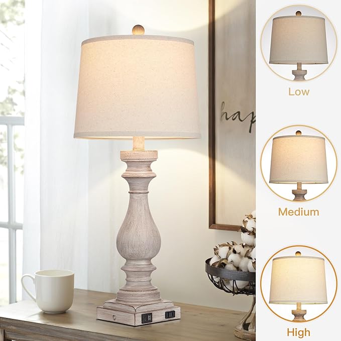 27.5" Farmhouse Table Lamp for Living Room Set of 2,Vintage Bedside Lamps with USB C+A Ports & AC Outlet,3-Way Dimmable Touch Control Gray Washed Finish Nightstand for Bedroom, Gray
