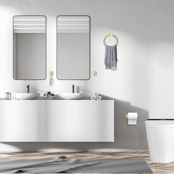 4-Piece Brushed Gold Bathroom Hardware Set,Gold Bathroom Accessories Include Towel Ring,Toilet Paper Holder & 2 Robe Hooks-Rustproof Wall Mounted Bathroom Set
