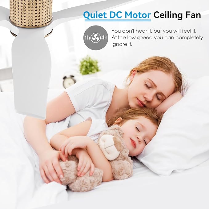 48" Ceiling Fan No Light - Low Profile Flush Mount Ceiling Fan, 6-Speed Remote Control, Solid Wood, Quiet Reversible DC Motor, White/Gold Finish, for Bedroom, Living Room, Porch
