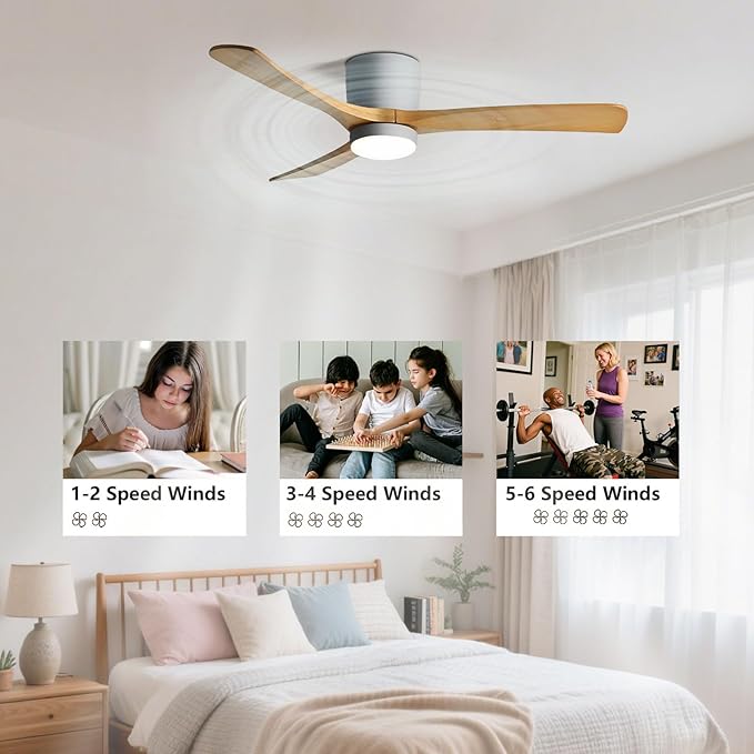 48in Quiet Ceiling Fans with Light ETL Listed Ceiling Fan Lights Living Room Bedroom ‎Remote Ceiling Lighs Fan Lighting 6 Gear Wind Speed Grey Ceiling Fan Light Wooden Fan Blades