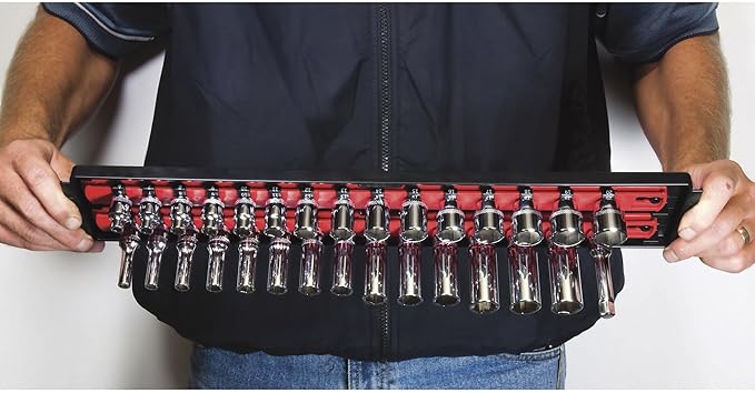 Heavy Duty Socket Organizer with Tray - Ernst Manufacturing 19-Inch Socket Boss 2-Row, 1/4-Inch-Drive Twist Lock Socket Holder, SAE, METRIC, Red (8452) - Automotive Industry - Made in USA