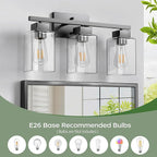 PARTPHONER 3-Light Bathroom Light Fixtures, Matte Black Modern Vanity Lights, Bathroom Lighting Fixtures Over Mirror, Square Design Farmhouse Wall Sconces with Clear Glass Shades