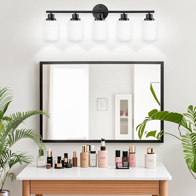 5-Light Bathroom Light Fixtures, E26 Base Vanity Lights for Mirror with Textured Milky White Glass Shade, Modern Kitchen Light Fixtures Wall Sconce Light - Black
