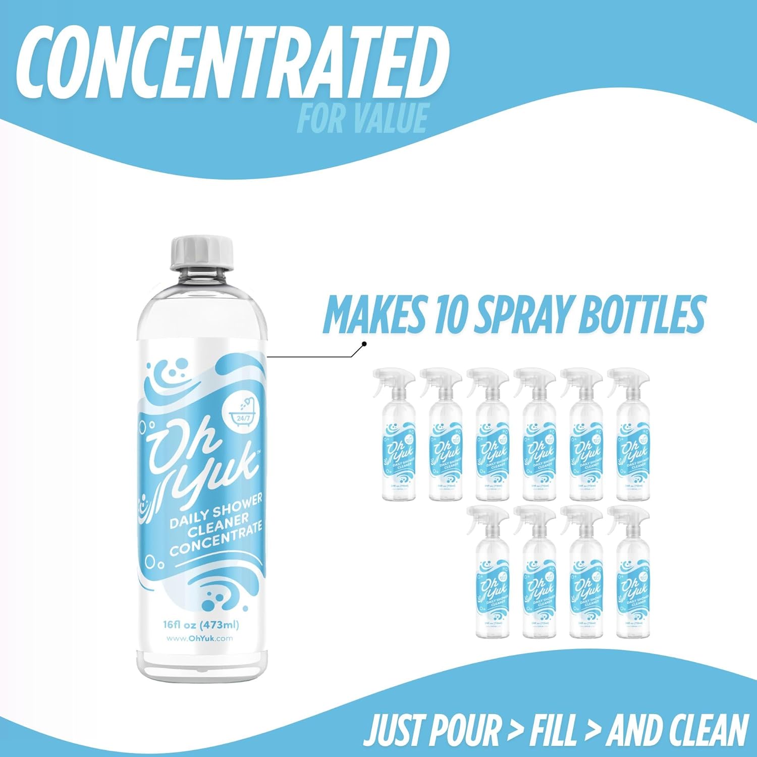 Oh Yuk Daily Shower Cleaner Concentrate – 16 oz Refill Makes 10 Bottles | Prevents Soap Scum & Water Spots | For Glass, Tile, Acrylic, Fiberglass | USA Made, Vegan